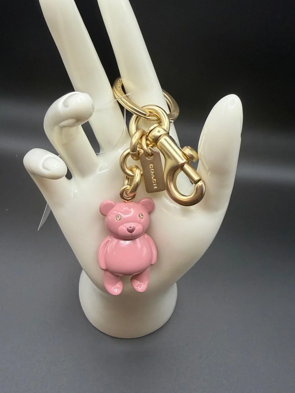 Coach Pink Bear Charm Key Ring with Gold Hardware